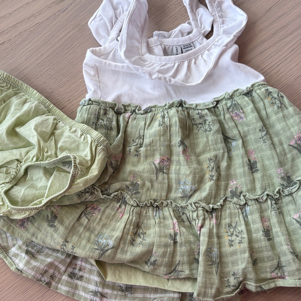 Janie and Jack Green and White Baby Dress with Bloomers